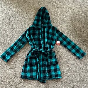 NEW Teal and Black Hooded Plush Robe Women’s Size M